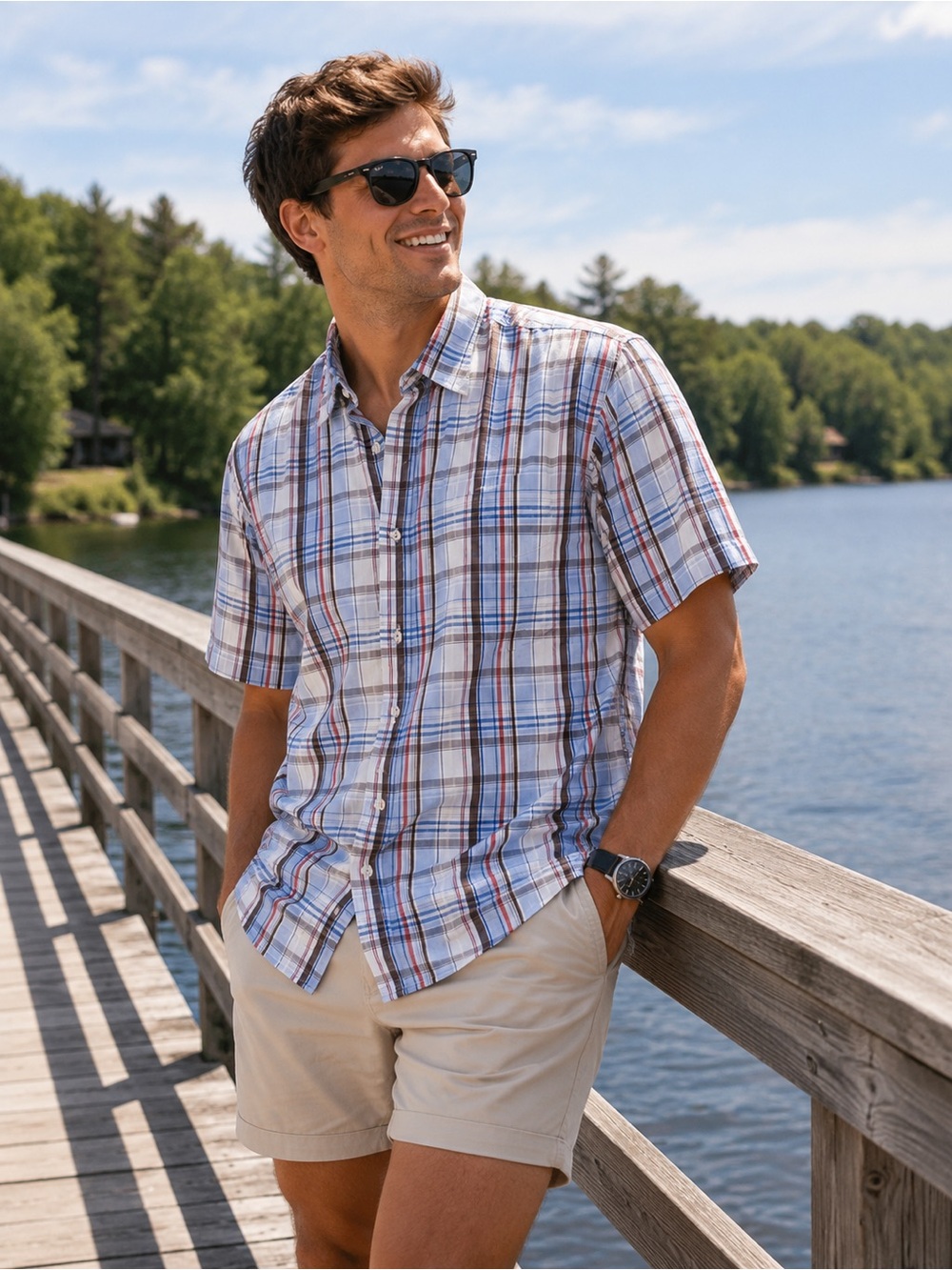 Boden Short-Sleeve Plaid Button-Down Shirt - White, Blue & Red 100% cotton
